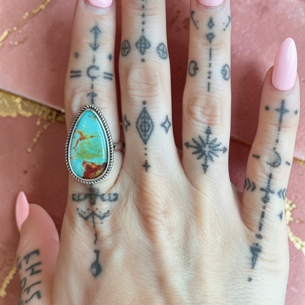 New‎ Size 9 Turquoise Teardrop Silver Statement Ring Western Native Desert Glam